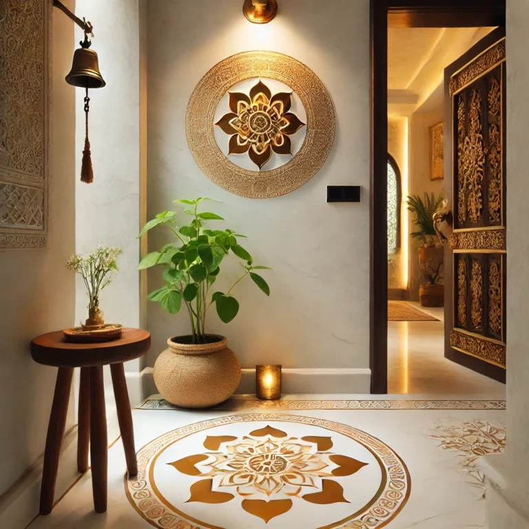 A cozy entryway with a white marble floor featuring a gold lotus medallion inlay, a small wooden stool holding a tulsi plant, and a brass bell hanging above.