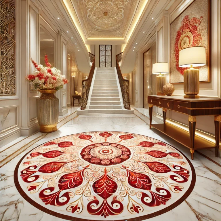 A grand entryway with a white marble floor featuring swirling red and gold floral inlays, a sleek wooden console table with a brass lamp, and a vibrant rangoli design in the center.