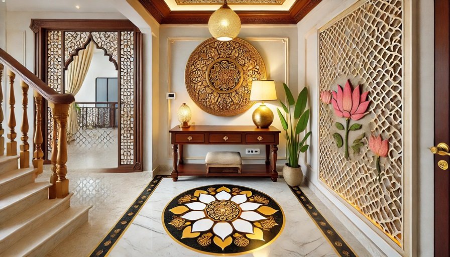 image of a Mysuru home entryway with a white marble floor featuring a gold lotus inlay, a teak console with a brass lamp, a jali-framed mirror, and a colorful rangoli design