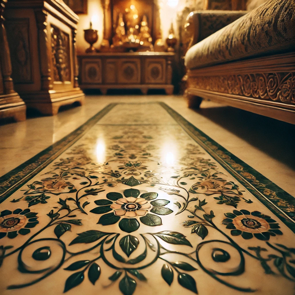 the beige marble floor featuring green floral inlays