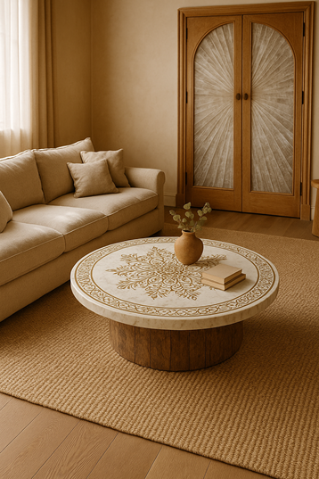 A cozy living room with a plush linen sofa with marble table top