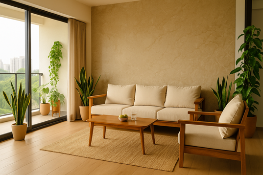 A serene living room in a modern Indian apartment featuring a polished beige marble accent wall , surrounded by snake plants and pothos, with floor-to-ceiling windows, minimalist wooden furniture, a jute rug, and a backdrop of the Bengaluru cityscape.
